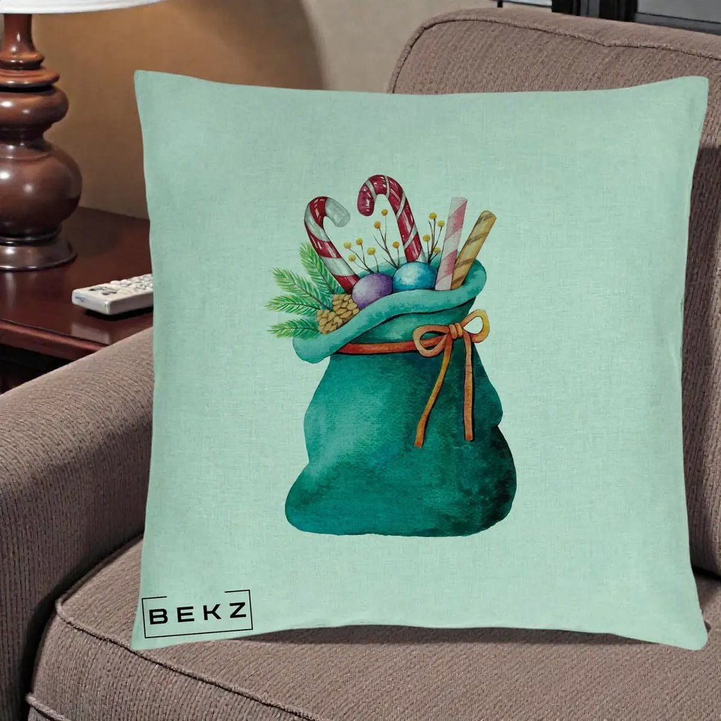 Perna Decorativa Saculet Cadouri Mos Craciun Acuarela Verde, 40x40 cm, Verde Menta, Husa Detasabila, Perna Inclusa, BEKZ®