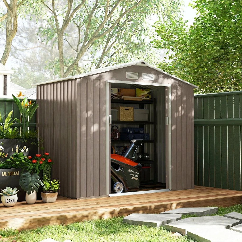 Outsunny Magazie Grădină Metalică cu Orificii de Ventilație și Ușă Culisantă Dublă pentru Grădinarit și DIY, 213x130x185 cm, Maro | Aosom Romania