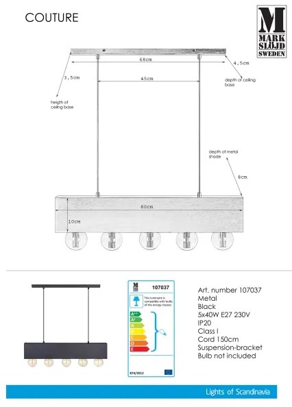 Markslöjd 107037 - Lustră pe cablu COUTURE 5xE27/40W/230V negru