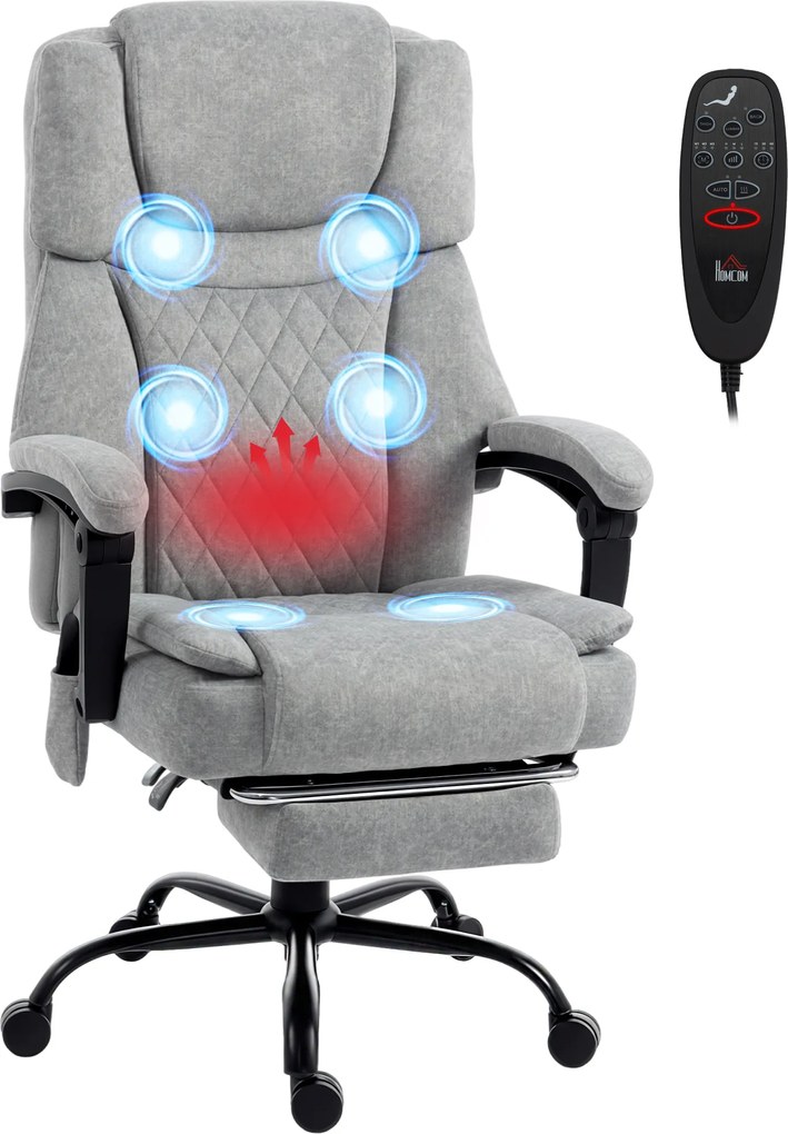 HOMCOM Scaun de birou cu spătar înalt și masaj, cu vibrații, funcție de încălzire, spătar reglabil, suport pentru picioare, telecomandă, gri | Aosom Romania