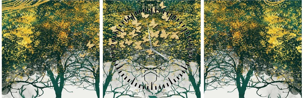 Tablou - Căprioare în pădurea verde (cu ceas) (90x30 cm)