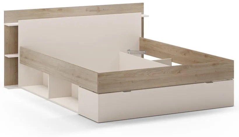 Pat matrimonial alb/în culoare naturală cu aspect de lemn de stejar cu spațiu de depozitare fără somieră 160x200 cm Albo – Marckeric