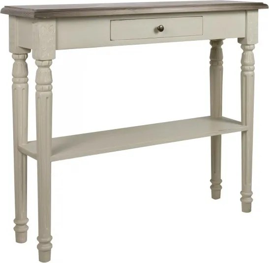 Consolă hol shabby chic din lemn de pin, alb, cu blat natur, sertar, raft și picioare strunjite canelate, 85 x 100 x 30 cm, „Harlem”