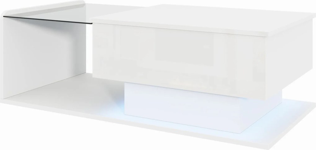 Masă de cafea cu înălțime reglabilă, cu sticlă și bandă LED, 100x50x33/47,5 cm, Alb