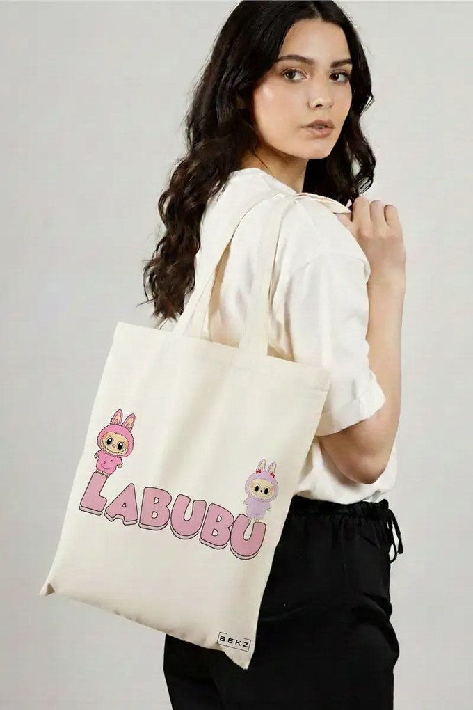 Sacosa de Panza pentru Cumparaturi, Geanta Tote, model Labubu 16 38 x 34.5 cm, Alba, BEKZ®