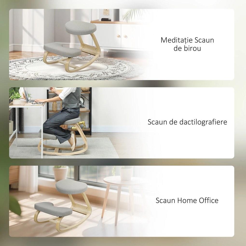 HOMCOM Scaun pentru genunchi cu balansare, din țesătură cu aspect de in și lemn, Gri | Aosom Romania