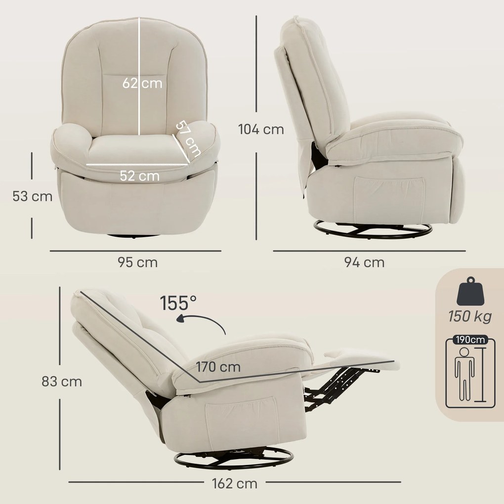 HOMCOM Fotoliu recliner, fotoliu rotativ cu funcție de balans și șezlong, șezut adânc, pernuță spate groasă, montaj ușor, crem | Aosom Romania