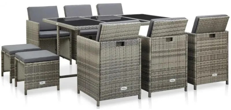 Set mobilier gradina, 11 piese, poliratan, gri