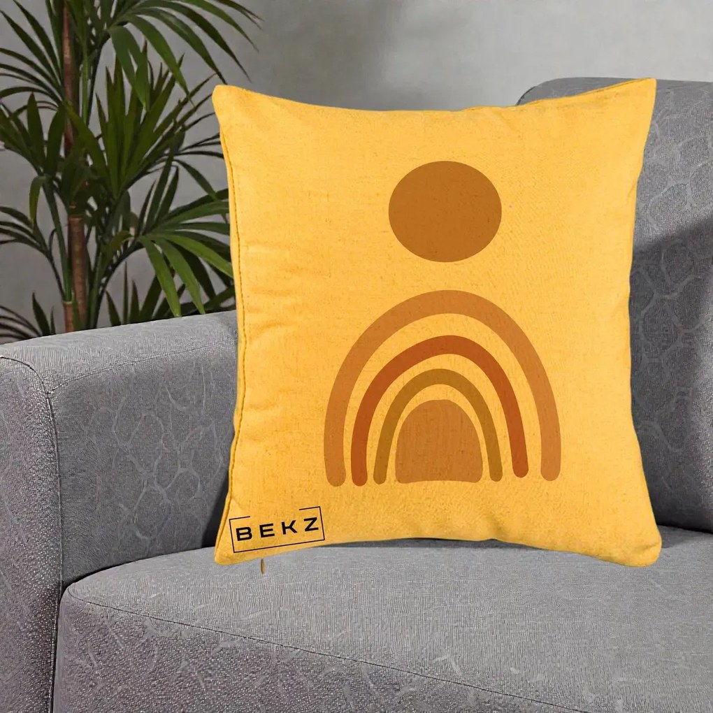 Perna Decorativa Boho Rainbow Sun, 40x40 cm, Galben, Husa Detasabila, Perna Inclusa, BEKZ®