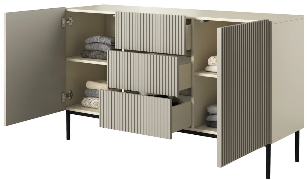 Comodă Nicole 150 cm cu sertare și front canelat - bej cashmir / picioare negre