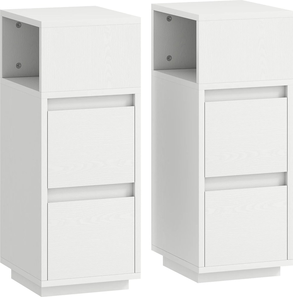 HOMCOM Set de 2 Noptiere Înalte și Subțiri pentru Dormitor cu 2 Sertare și Raft Deschis, Noptiere Moderne Economisitoare de Spațiu, Măsuțe pentru Divan, Sufragerie și Dormitor, 25x30x65 cm, Alb | Aosom Romania