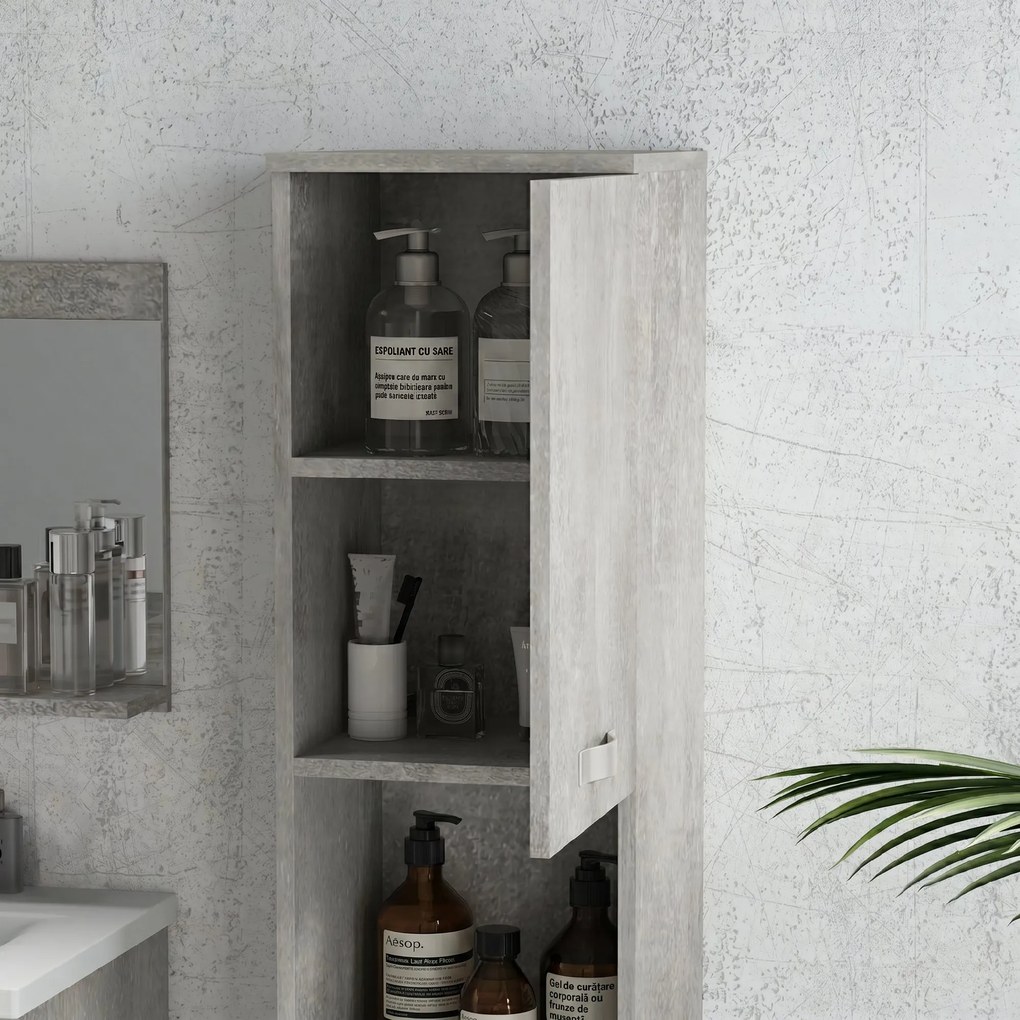 Set de Mobilier de Baie din 3 Piese, Montare pe Perete, cu Dulap cu Oglinda, Dulap de Depozitare Inalt, Gri Kleankin | Aosom Romania