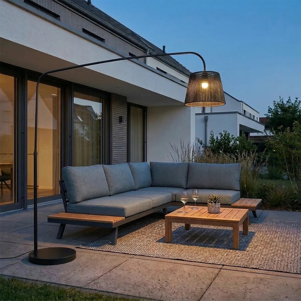 Lampă de podea de exterior Japandi neagră cu abajur din frânghie IP44 - Arc Jayla