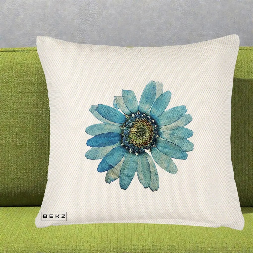 Perna Decorativa Floare Margareta Albastra Acuarela, 40x40 cm, Crem Reliefat, Husa Detasabila, Perna Inclusa, BEKZ®