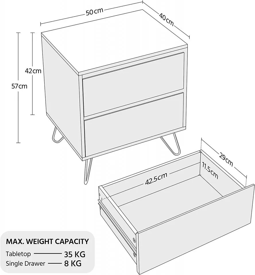 NOA222 - Set 2 Noptiere cu 2 sertare si picioare metalice, 50 cm, dormitor, living, hol - Alb-Auriu