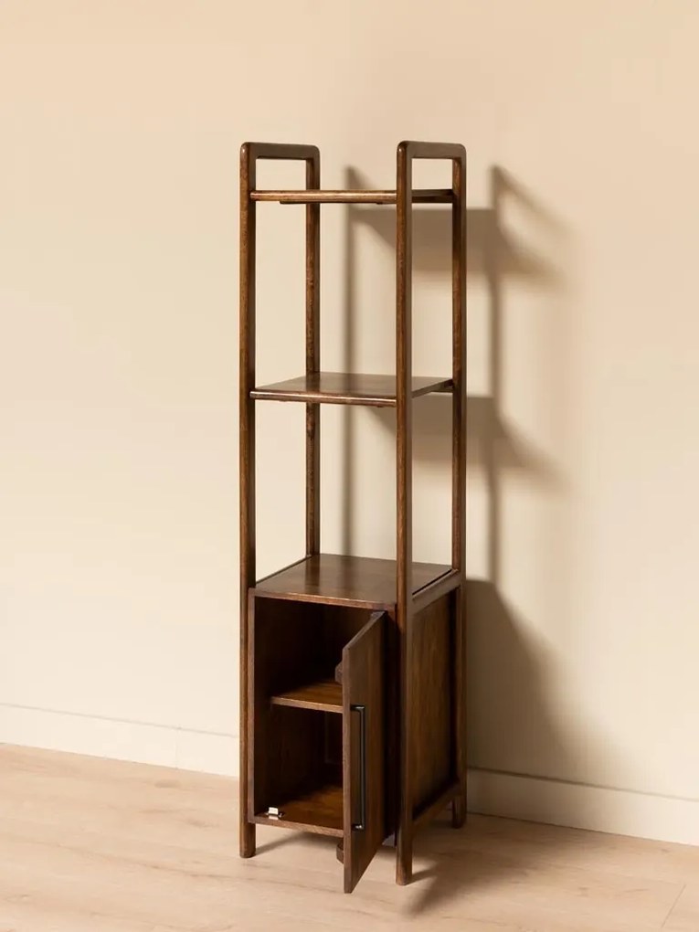 Etajeră din lemn de acacia și metal, cu 3 rafturi și 1 ușă, maro antichizat, finisaj lucios, 40.3×40.5×163 cm, „Sloane"