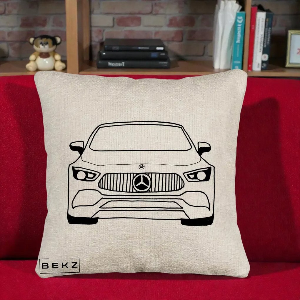 Perna Personalizata Mercedes-Benz Fata Linie, 40x40 cm, Bej Canapea, Husa Detasabila, Perna Inclusa, BEKZ®