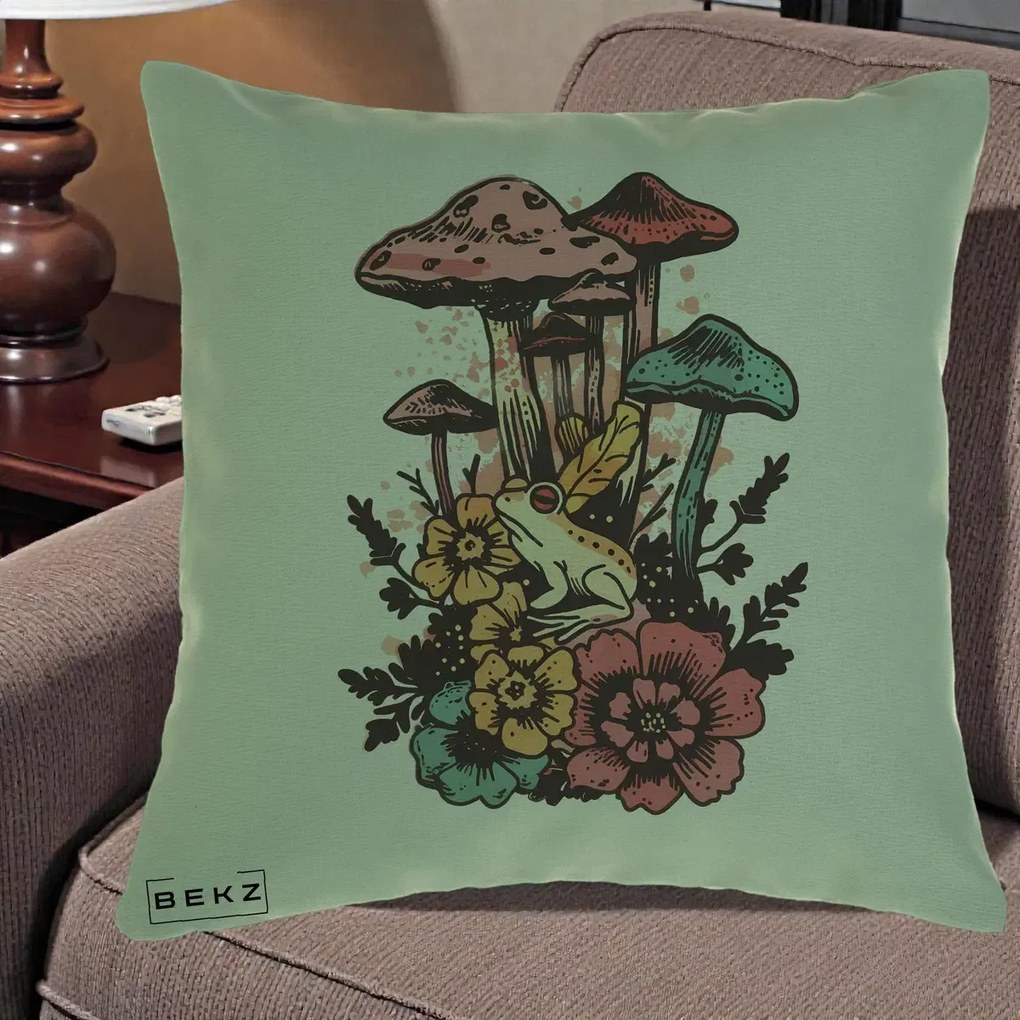 Perna Decorativa Ciuperci si Broaste Boho, 40x40 cm, Verde, Husa Detasabila, Perna Inclusa, BEKZ®