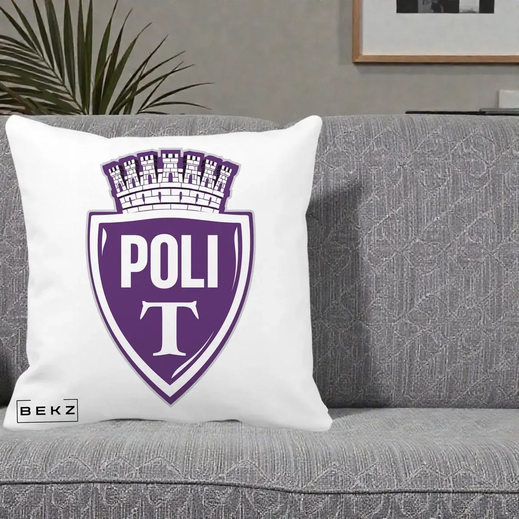 Perna Personalizata Poli Timisoara Fotbal, 40x40 cm, Alba Mata, Husa Detasabila, Perna Inclusa, BEKZ®