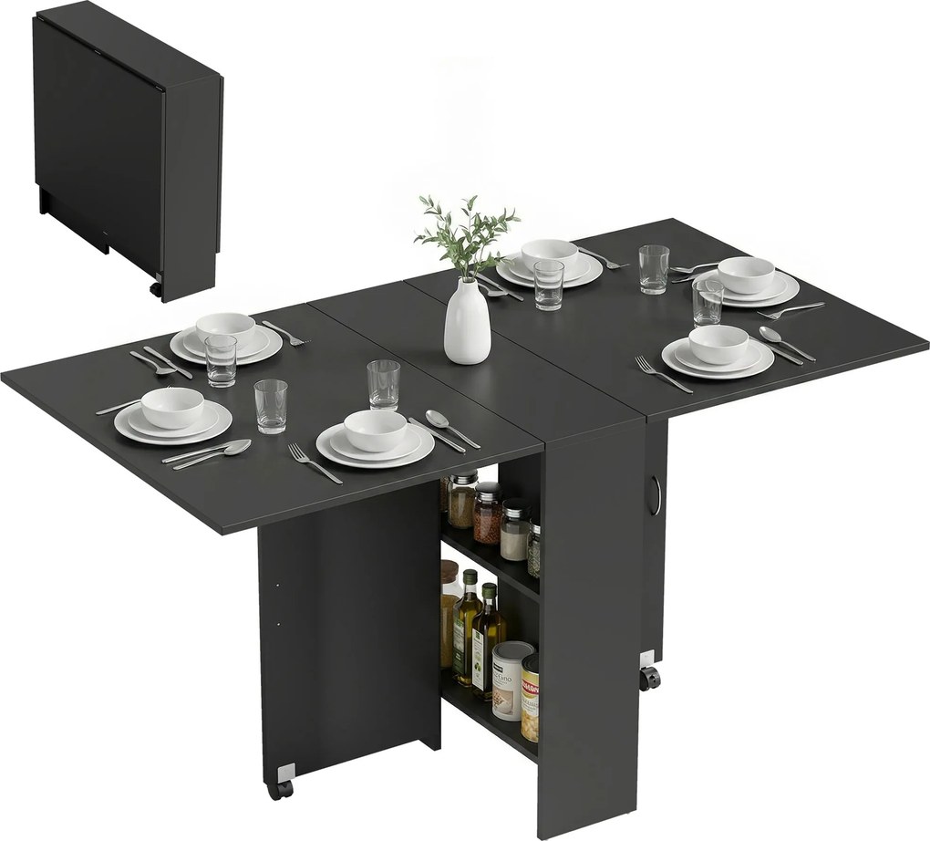 HOMCOM Masă Pliantă din Lemn cu Roți, pentru 4-6 Persoane, 75x140x75 cm, Negru | Aosom Romania