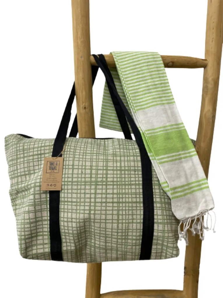 Set elegant geanta de plaja + prosop HAMAM 75 x 150 cm, verde