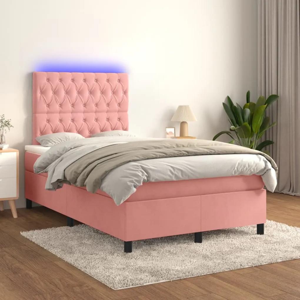 Pat continental cu saltea  LED, roz, 120x200 cm, catifea Roz, 120 x 200 cm, Design cu nasturi