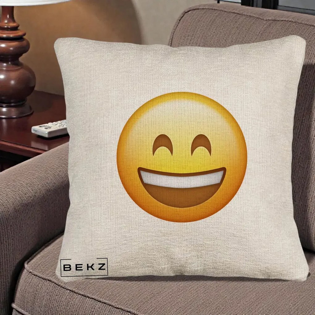 Perna Decorativa Emoji Zambet Mare, 40x40 cm, Bej Canapea, Husa Detasabila, Perna Inclusa, BEKZ®