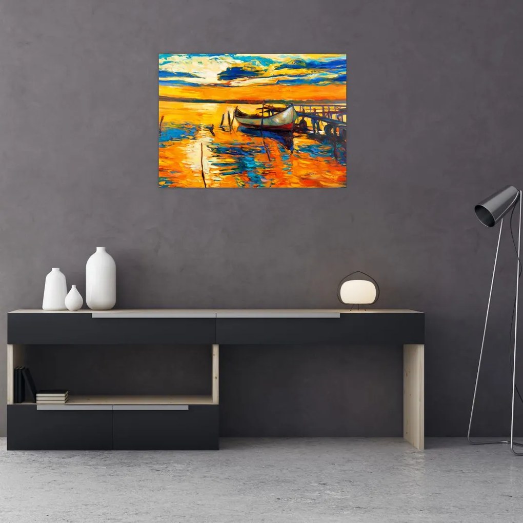 Tablou pe sticlă - Barca la apus de soare (70x50 cm)