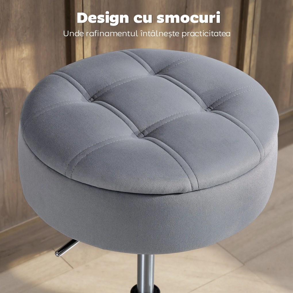 HOMCOM Round Bar Stool, Height Adjustable Swivel Pub Chair with Storage and Metal Base, Backless Tufted Makeup Stool for Breakfast Counter, Kitchen Island, Bedroom, Living Room, Grey | Aosom Romania