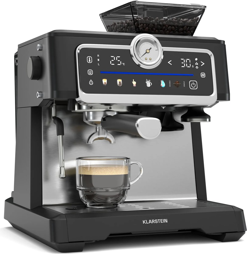 Klarstein Aparat de cafea GrandPresso Touch, 20 bar, râșniță integrată, indicator de presiune, spumă de lapte