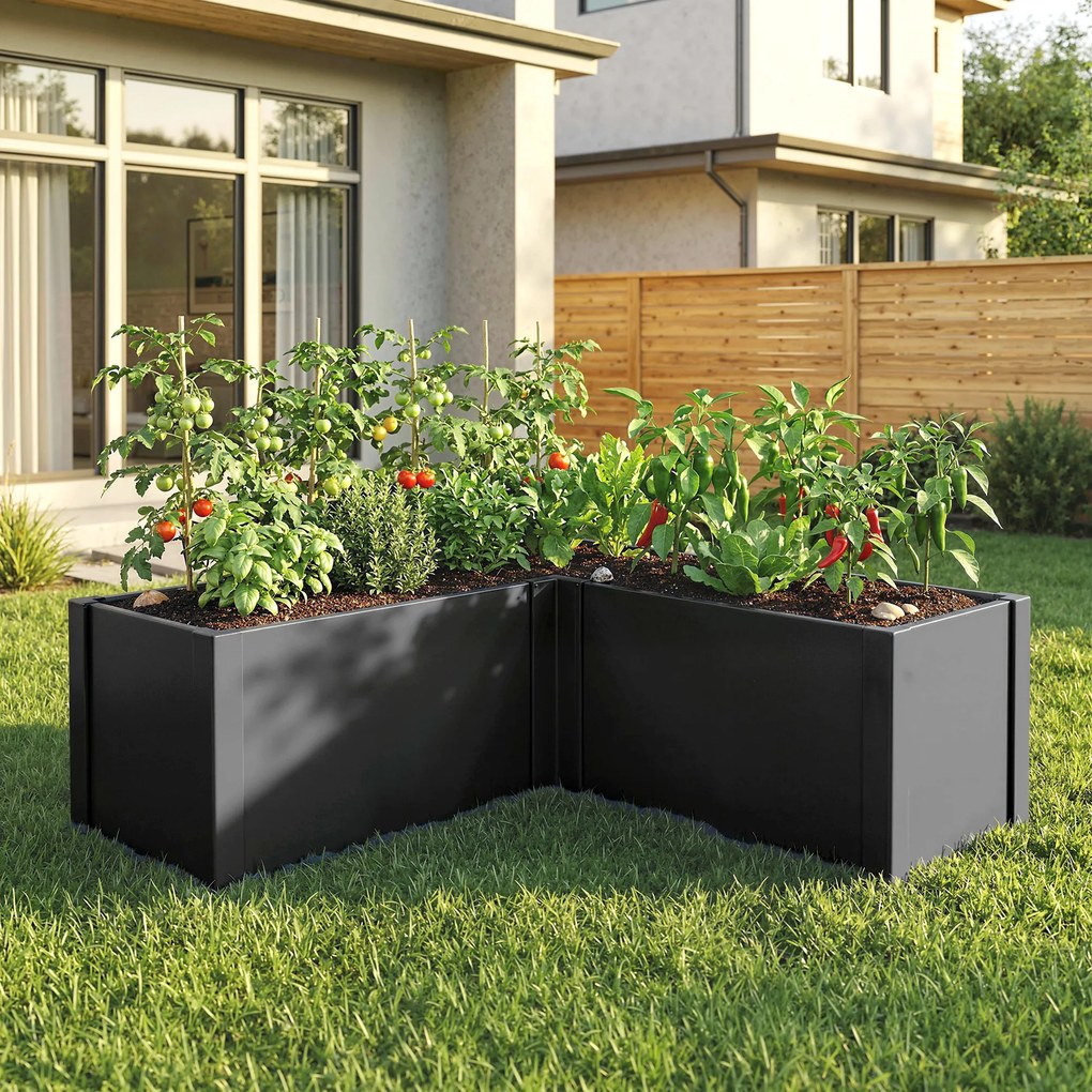 Outsunny Pat înălțat în formă de L pentru flori, rezistent la intemperii, pat de plantare/seră timpurie din oțel zincat 150 x 150 x 55 cm Negru | Aosom Romania