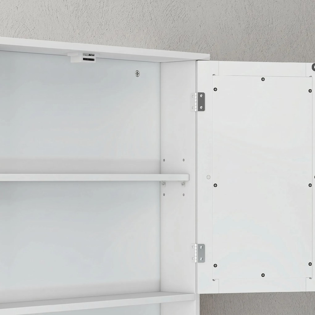 kleankin Dulap Suspendat pentru Baie cu 2 Uși cu Oglindă și Raft Deschis, Raft Interior Reglabil, Mânere Metalice, 56x13x58 cm, Alb | Aosom Romania