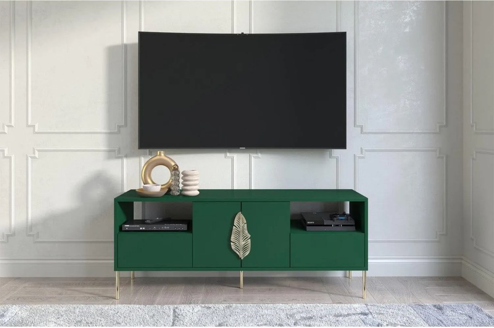 Comodă TV lemn masiv Merlin Personalizabilă Accesorii placate cu Aur, 136 × 40 × 60 cm - Alb