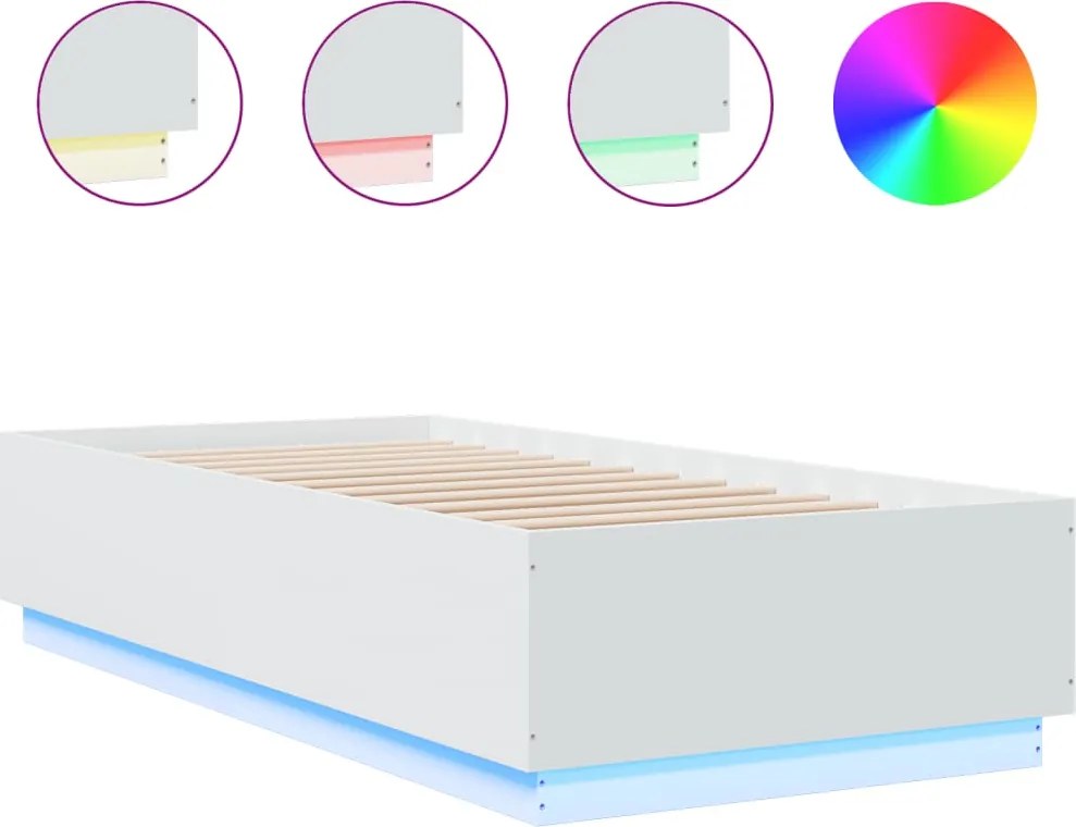 vidaXL Cadru de pat cu lumini LED, alb, 90x200 cm, lemn prelucrat