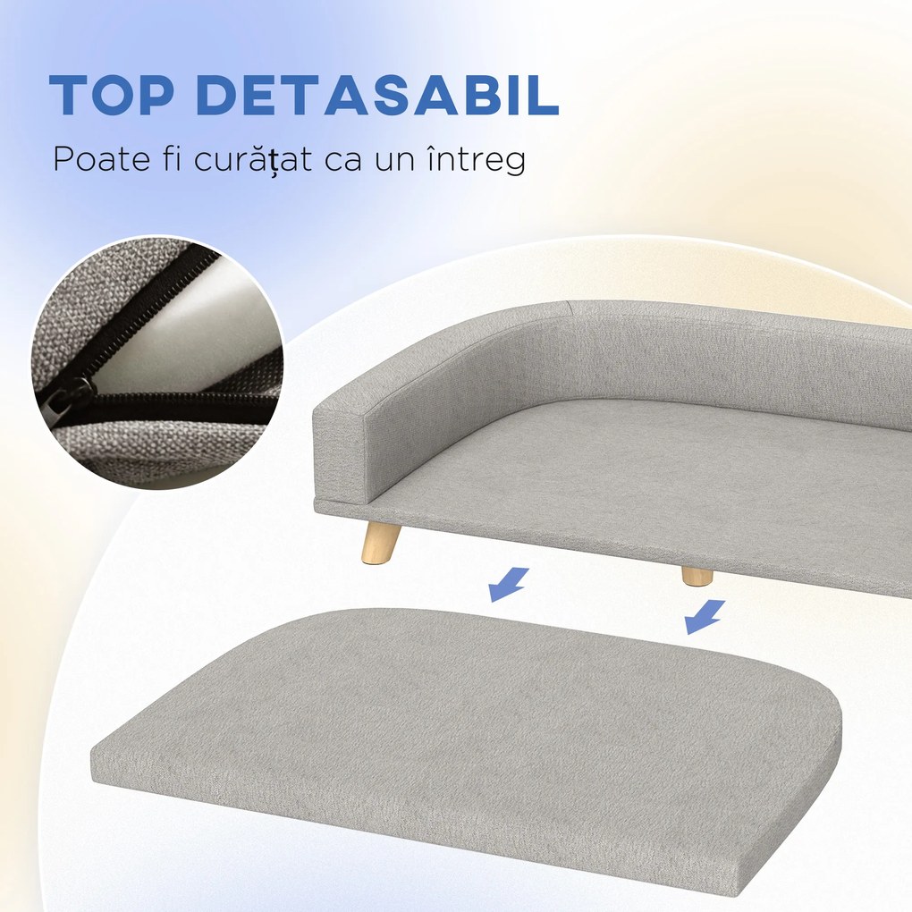 PawHut Canapea pentru Câini cu Picioare Înălțate și Pernă Detașabilă, 98x67x25 cm, Gri | Aosom Romania
