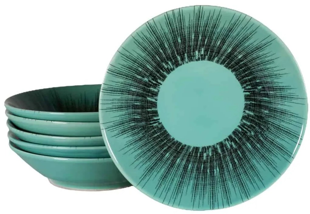 Set 6 farfurii adanci, 21 cm, Turcoaz Lucios cu raze de soare