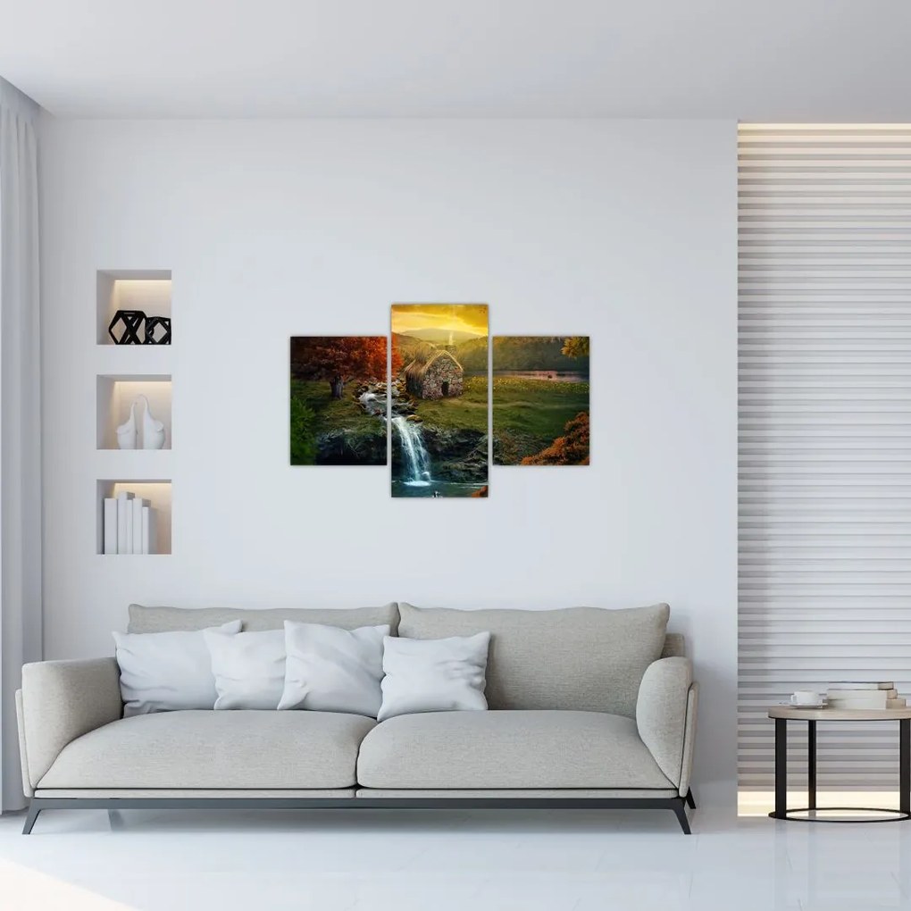 Tablou cu căbănuță în peisaj de poveste (90x60 cm)