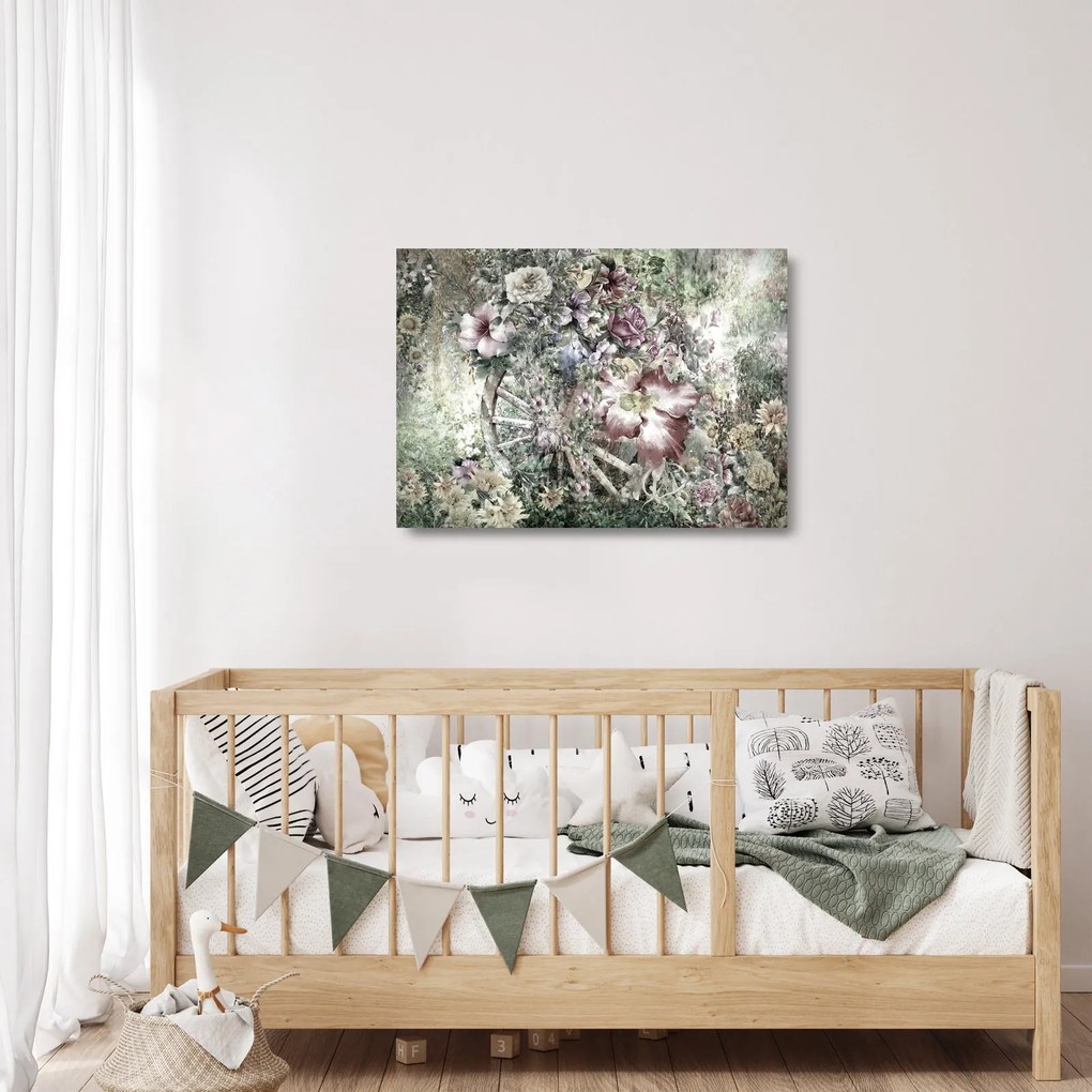Tablou pe sticlă - Flori pe roata de lemn (70x50 cm)