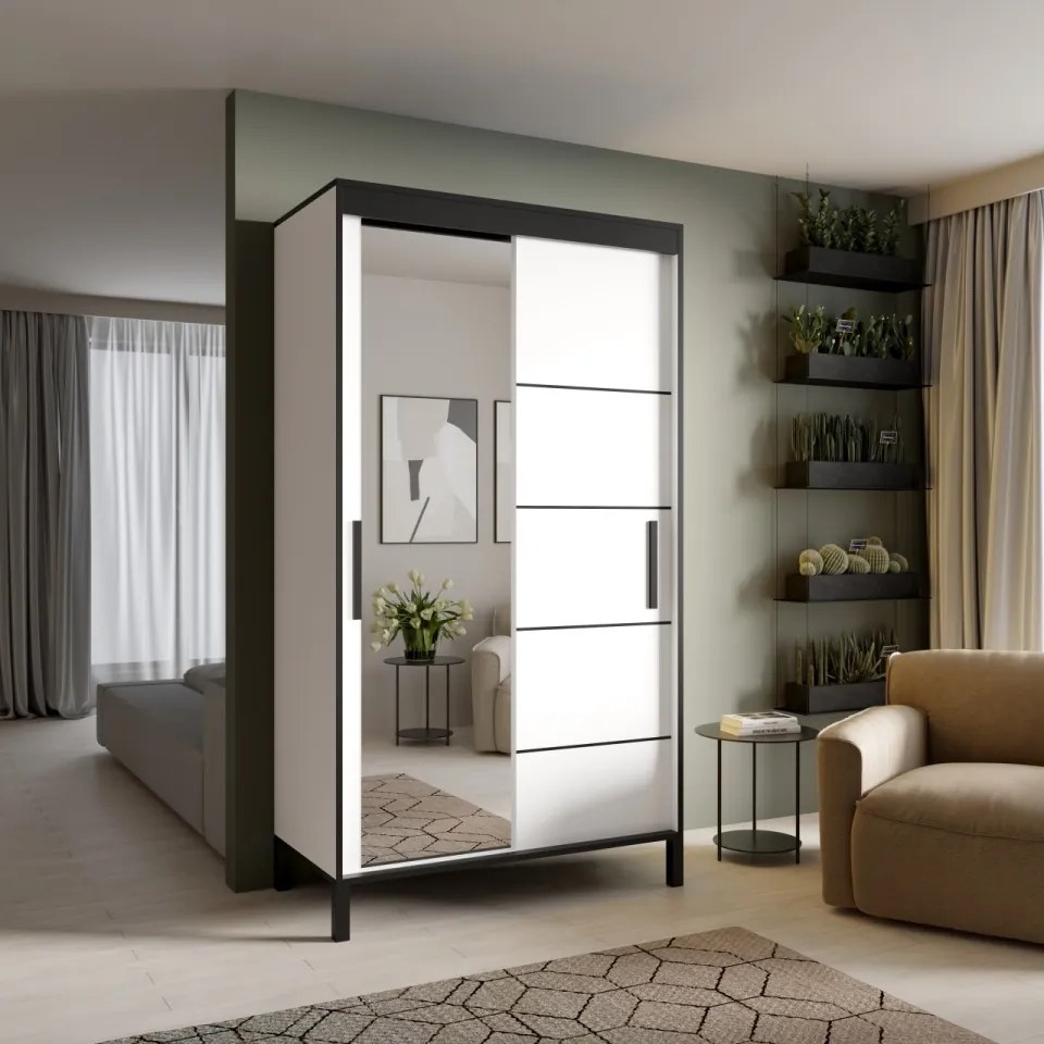 Dulap cu usi glisante si oglinda 120x221 cm, Bell-M, ADRK Furniture (Culoare: Alb)