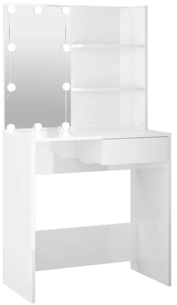 808807 vidaXL Masă de toaletă cu LED, alb extralucios, 74,5x40x141 cm