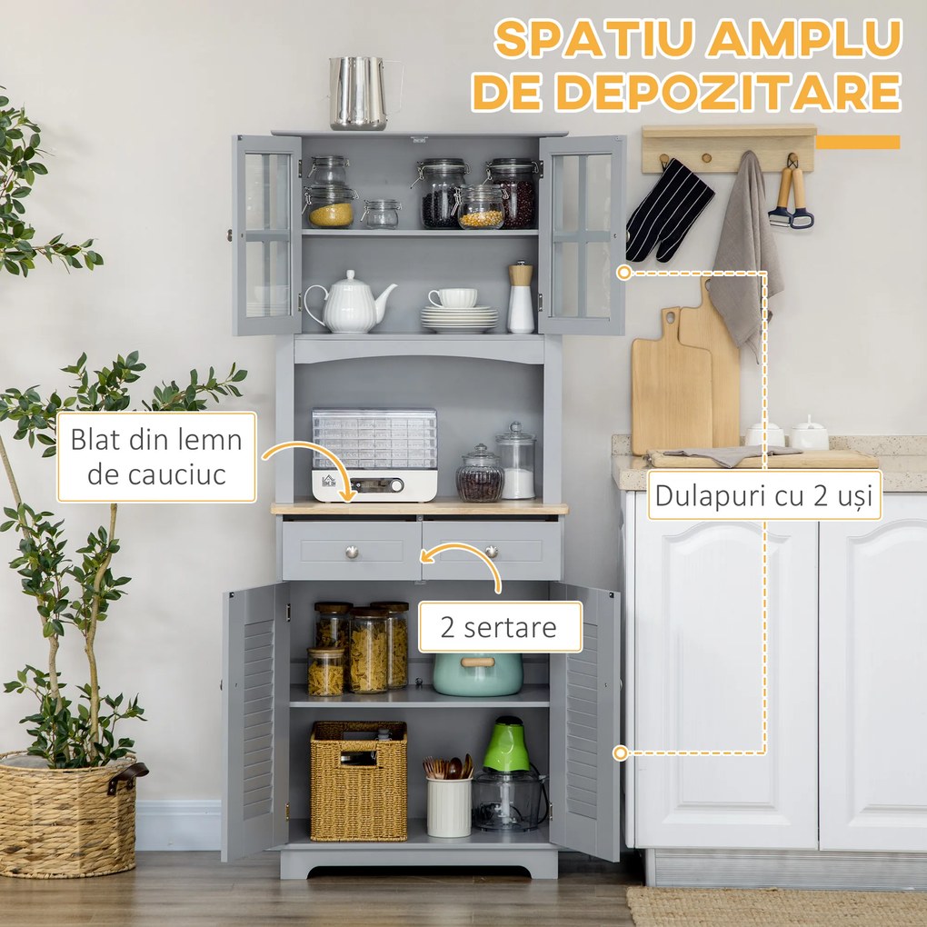 HOMCOM Bufet pentru bucatarie, Mobilier din lemn, dulap de bucatarie in stil clasic, Gri, 68x39.5x170cm | Aosom Romania