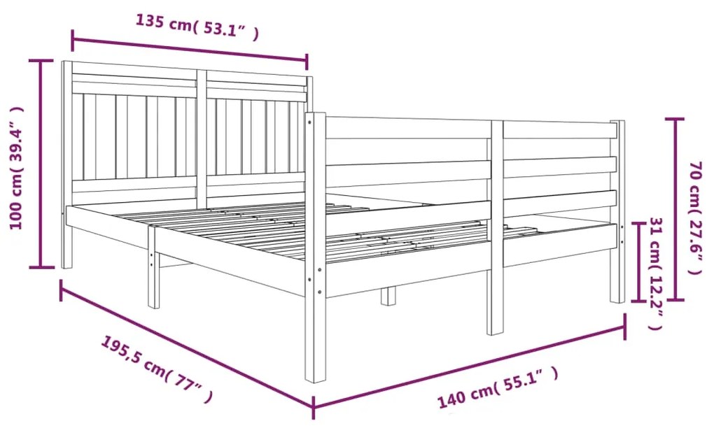 Cadru de pat dublu 4FT6, gri, 135x190 cm, lemn masiv Gri, 135 x 190 cm