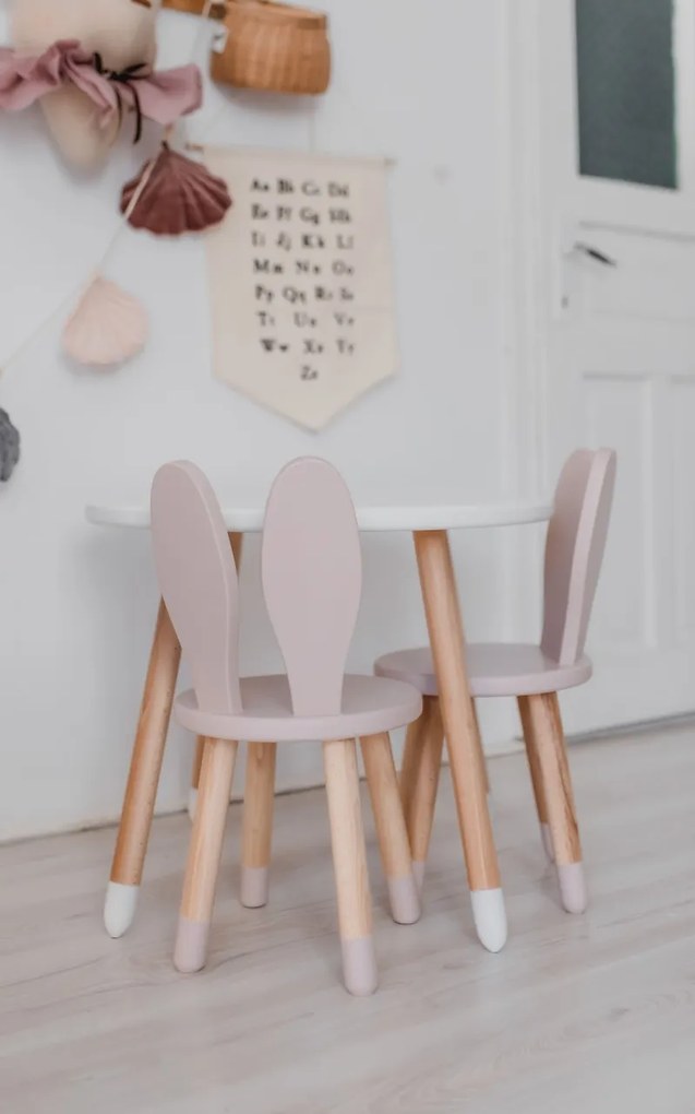 Set masuta rotunda alba si 2 scaunele iepuras roz