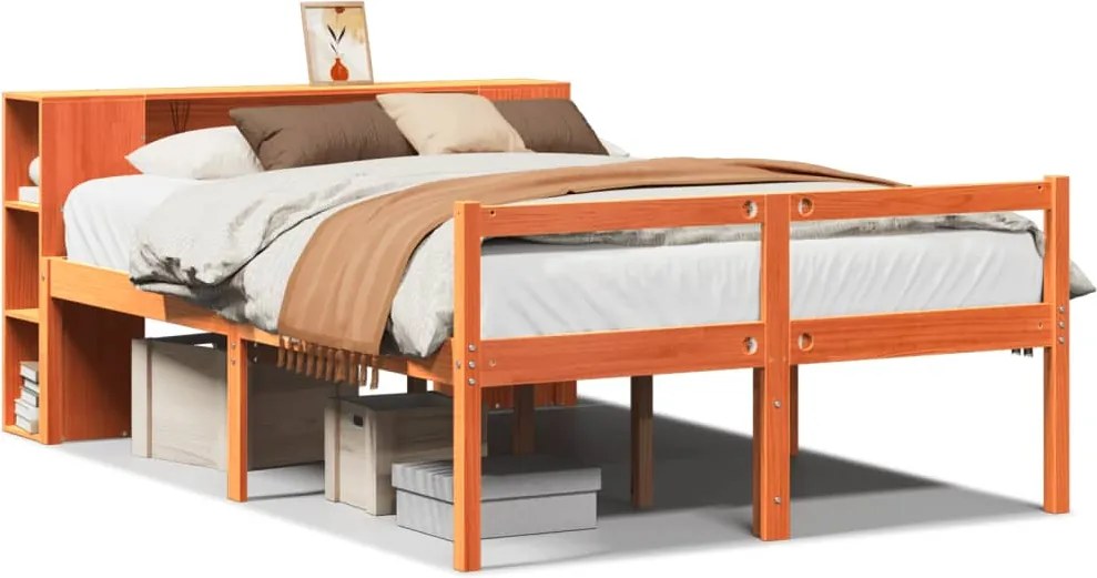 vidaXL Pat cu bibliotecă fără saltea maro ceruit 135x190 cm lemn masiv