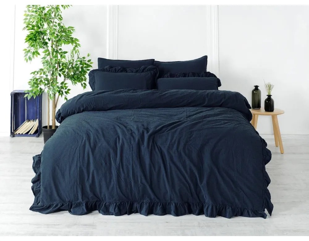 Lenjerie de pat albastru-închis din bumbac ranforcé pentru pat de o persoană 140x200 cm Ruffle Striped – Mila Home Luxury