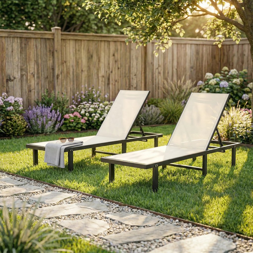 Outsunny Set de 2 șezlonguri reclinabile cu roți Spătar reglabil 4 nivele Cadru aluminiu Țesătură textilene Bej | Aosom Romania