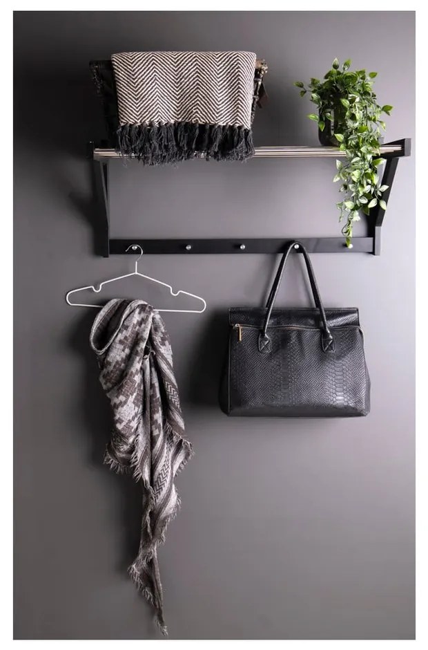 Cuier de perete negru din lemn de plop cu raft Padova - House Nordic