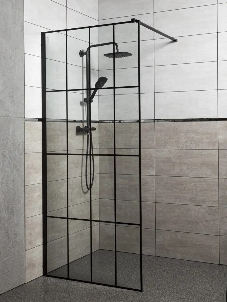 Cabină de duș walk-in Techno 100 100x200 cm, profil negru, sticlă transparentă cu model de grilă