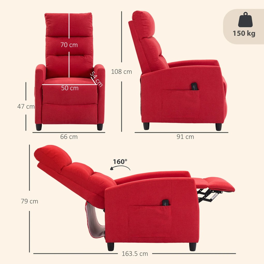HOMCOM Fotoliu Masaj Reclinabil Manual 160° din Chenille cu Suport Picioare, Telecomandă, Buzunare, Roșu Vin | Aosom Romania