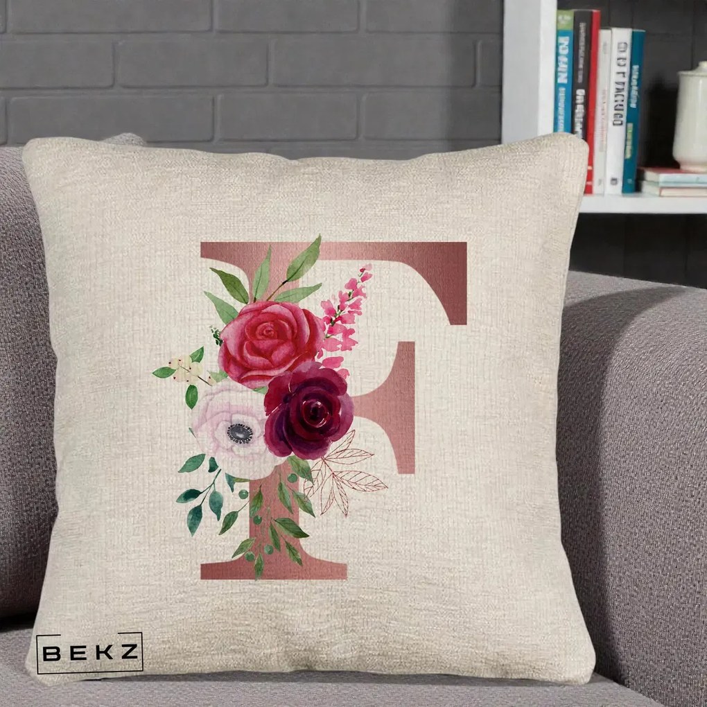 Cadou Personalizat - Perna Personalizata Monograma Rose Gold Litera F, 40x40 cm, Bej Canapea, Husa Detasabila, Perna Inclusa, BEKZ®